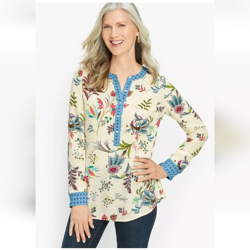 Talbots Tropical Band Color Pop Over Dancing Floral Long-Sleeved Top XS